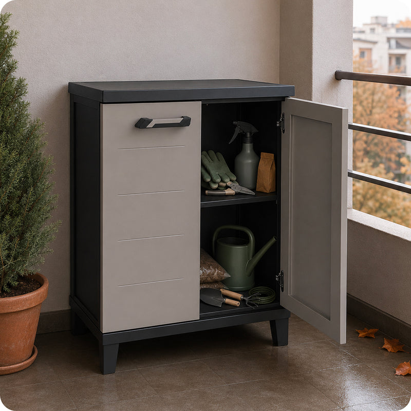 Armário baixo Prime de plástico resistente à humidade, 66x40x88 cm, para espaços pequenos