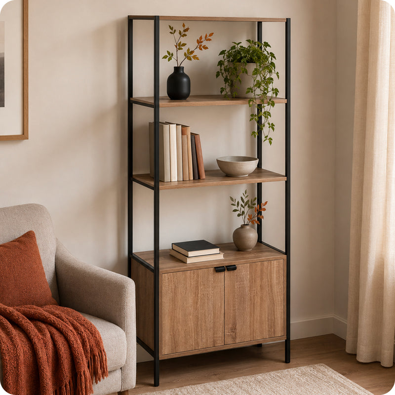 Estante livreira com 2 prateleiras e armário inferior, 68x35x176cm, preta