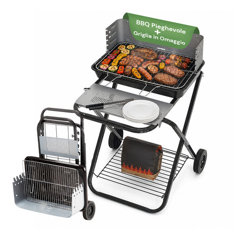 Barbecue dobrável em aço esmaltado preto com rodas 60x80x84cm