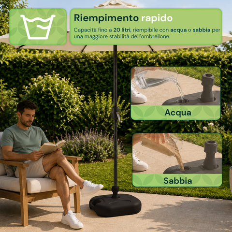 Base per Ombrellone da Giardino 20L in PP – Supporto Riempibile con Acqua o Sabbia – Per Pali ø22-32mm e Ombrelloni fino a 2,2m – Dimensioni 44x44x14cm – Facile Montaggio e Pulizia