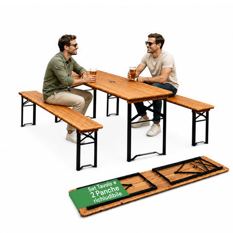 Conjunto de mesa e 2 bancos de jardim dobráveis de 120 cm / 180 cm em madeira com estrutura de ferro e orifício para guarda-sol de 5 cm – Capacidade da mesa: 200 kg