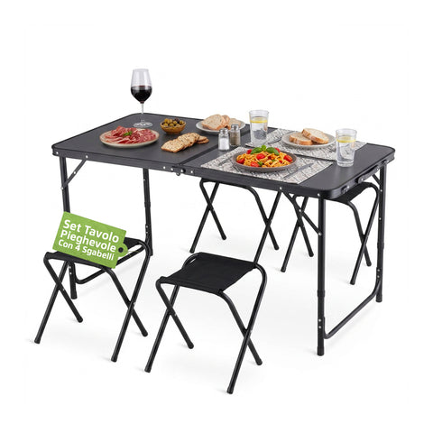 Conjunto de mesa dobrável de campismo com 4 bancos – Estrutura leve e robusta em alumínio – Mesa regulável em 3 alturas – Capacidade 50kg/100kg – Design em mala compacto