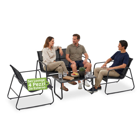 Conjunto lounge de exterior de 4 peças – Sala de estar de jardim com 2 cadeiras, sofá de dois lugares e mesa – Estrutura em ferro e assento em textilene – Capacidade para 240kg/120kg