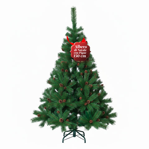Árvore de Natal verde realista com pinhas e base metálica – 150/180/210 cm