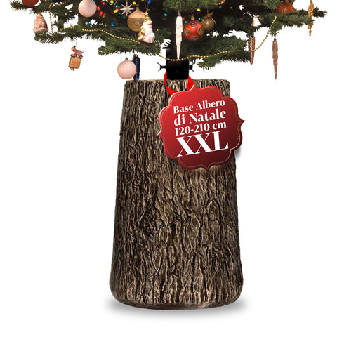 Base para árvore de Natal em forma de tronco, efeito de casca, 2 acabamentos, dimensões 33,5x52,5 cm, para árvores até 240 cm, fixação universal