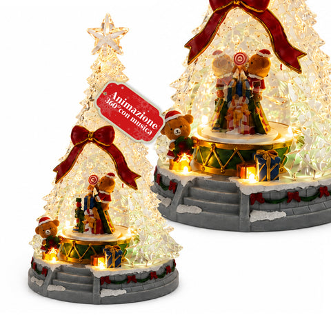 Árvore de Natal luminosa JoyTree com música e animação de 360°, luzes LED, cenário com ursinhos e quebra-nozes, alimentação dupla por USB, 32,5 cm