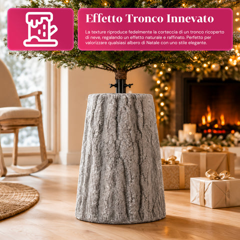 Base para árvore de Natal em forma de tronco, efeito de casca, 2 acabamentos, dimensões 33,5x52,5 cm, para árvores até 240 cm, fixação universal