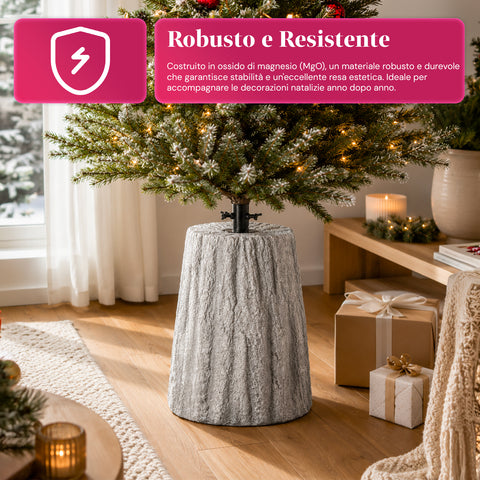 Base para árvore de Natal em forma de tronco, efeito de casca, 2 acabamentos, dimensões 33,5x52,5 cm, para árvores até 240 cm, fixação universal
