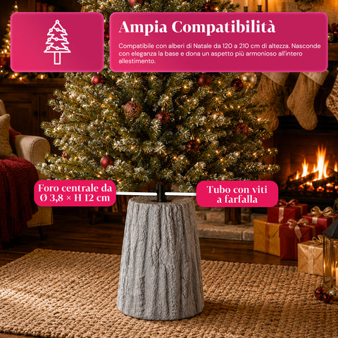 Base para árvore de Natal em forma de tronco, efeito de casca, 2 acabamentos, dimensões 33,5x52,5 cm, para árvores até 240 cm, fixação universal