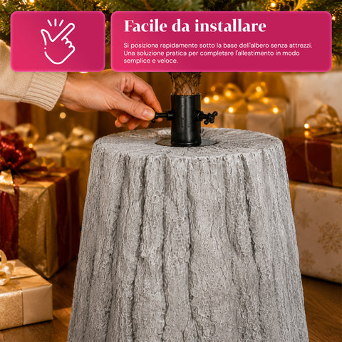 Base para árvore de Natal em forma de tronco, efeito de casca, 2 acabamentos, dimensões 33,5x52,5 cm, para árvores até 240 cm, fixação universal