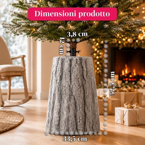 Base para árvore de Natal em forma de tronco, efeito de casca, 2 acabamentos, dimensões 33,5x52,5 cm, para árvores até 240 cm, fixação universal