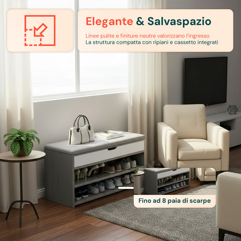 Scarpiera in MDF con Seduta Ribaltabile in Lino Imbottita e 2 Ripiani Salvaspazio