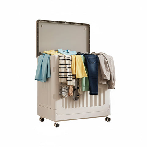 Cesto para roupa suja com tampa e rodas – capacidade 123L, plástico