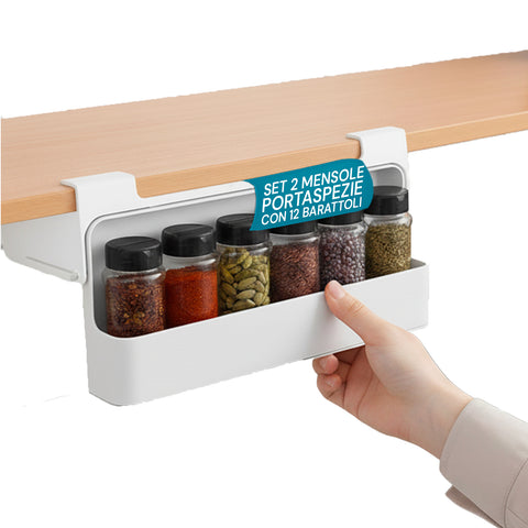 Organizador de Cozinha para Especiarias – Conjunto de 2 Prateleiras com 6 Frascos de Vidro Incluídos