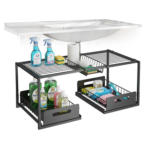 Organizador expansível para debaixo do lava-loiça da cozinha com 2 gavetas extraíveis
