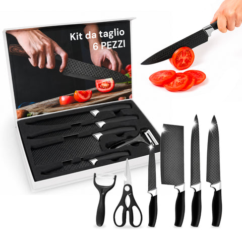 Conjunto de 6 facas de cozinha em aço inoxidável com padrão de diamante, incluindo: faca de chef, faca para cortar, faca multiusos, cutelo, tesoura e descascador