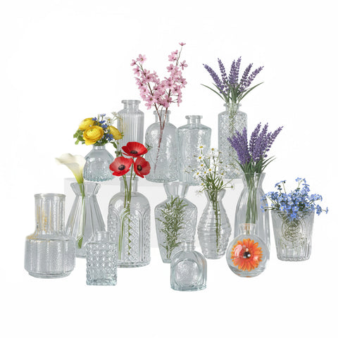 Conjunto de 15 frascos de vidro transparente para flores e centros de mesa, de vários formatos e tamanhos
