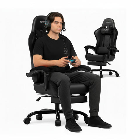Cadeira gaming reclinável com apoio para os pés extensível, almofada lombar e apoio de cabeça