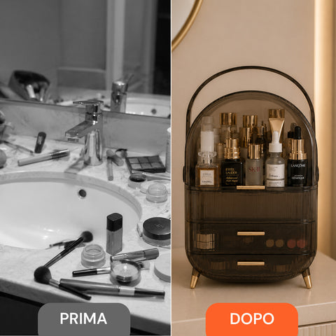 Porta-maquilhagem impermeável com pega rotativa e 3 compartimentos em várias cores