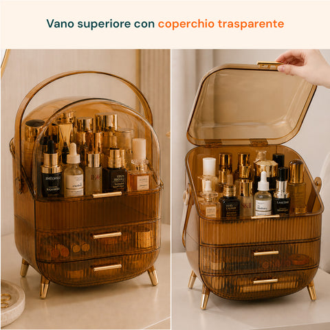 Porta-maquilhagem impermeável com pega rotativa e 3 compartimentos em várias cores
