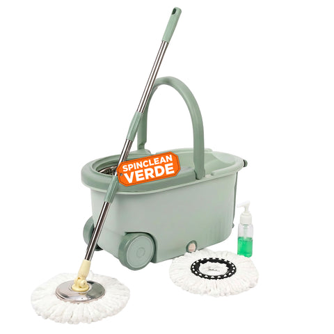 Kit de esfregona rotativa 360° com balde de 14 l - 46x27x22 cm e centrifugador em aço – Inclui 2 cabeças em microfibra, doseador de detergente e haste telescópica – Conjunto universal para lavar pavimentos com rodas e escoamento