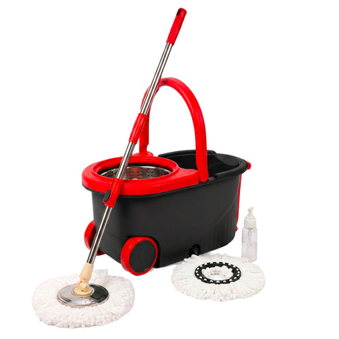 Kit de esfregona rotativa 360° com balde de 14 l - 46x27x22 cm e centrifugador em aço – Inclui 2 cabeças em microfibra, doseador de detergente e haste telescópica – Conjunto universal para lavar pavimentos com rodas e escoamento