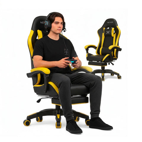 Cadeira gaming reclinável com apoio para os pés extensível, almofada lombar e apoio de cabeça