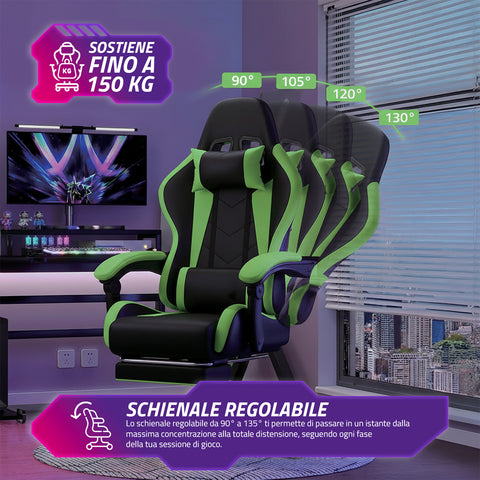 Cadeira gaming reclinável com apoio para os pés extraível, almofada lombar e apoio de cabeça