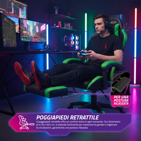 Cadeira gaming reclinável com apoio para os pés extraível, almofada lombar e apoio de cabeça