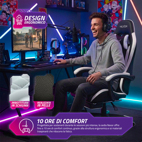 Cadeira gaming reclinável com apoio para os pés extensível, almofada lombar e apoio de cabeça