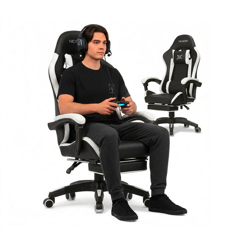 Cadeira gaming reclinável com apoio para os pés extensível, almofada lombar e apoio de cabeça