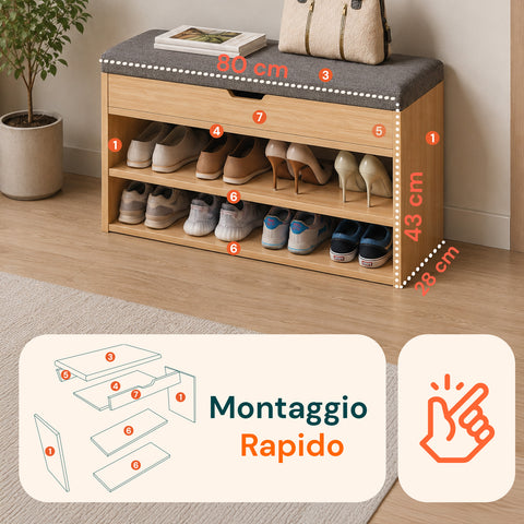 Sapateira em MDF com assento rebatível em linho almofadado e 2 prateleiras que poupam espaço