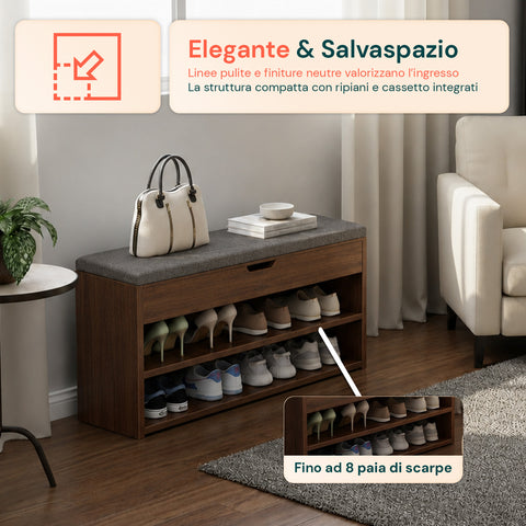Sapateira em MDF com assento rebatível em linho almofadado e 2 prateleiras que poupam espaço