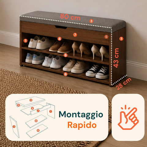 Sapateira em MDF com assento rebatível em linho almofadado e 2 prateleiras que poupam espaço