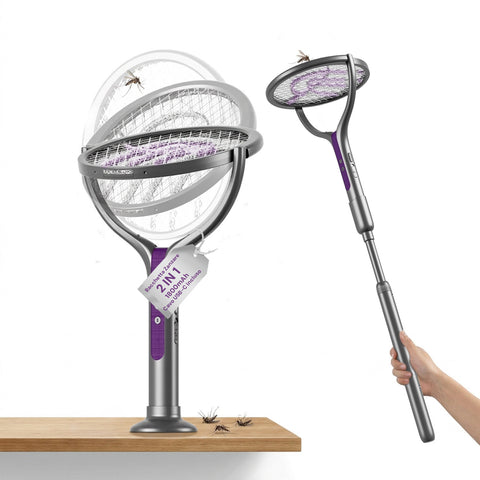 Raquete elétrica anti-mosquitos 2-em-1 – Cabo telescópico extensível de 79-106cm e cabeça rotativa a 90° – Grelha de 4000V com 5 camadas, luz UV de 365nm e bateria de 1800mAh USB-C – Exterminador de insetos para teto