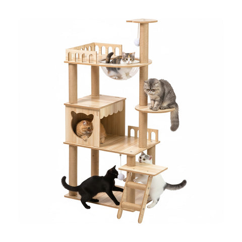 Arranhador para gatos de vários níveis com cama e rede, H135cm