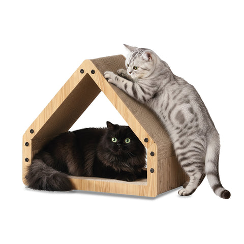 Arranhador para gatos em forma de casa, com estrutura de madeira
