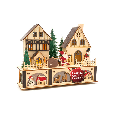 Casinha de Natal em Madeira com 10 LED – Decoração Natalícia com Personagens