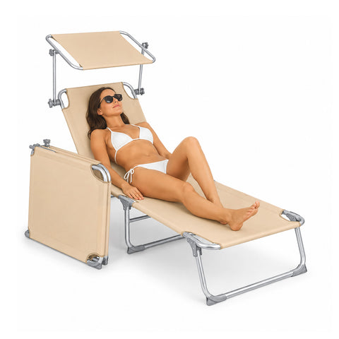 Espreguiçadeira dobrável em tecido Oxford – Reforços em alumínio, proteção solar giratória a 360° e encosto reclinável 0-60° – Capacidade 100kg