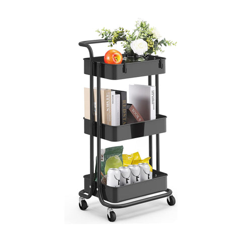 Carrinho multiusos economizador de espaço com 4 rodas giratórias e 3 prateleiras 40x30x8cm
