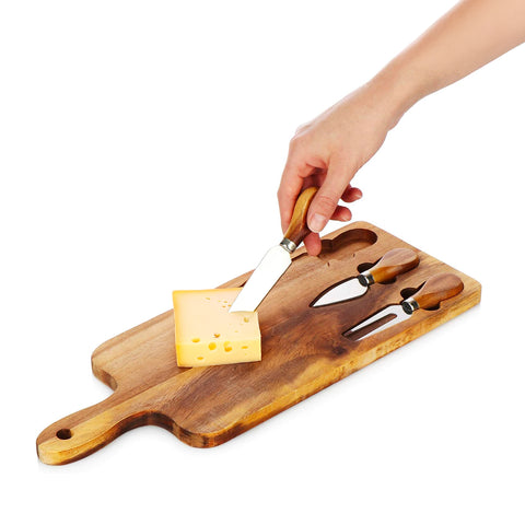 Conjunto de 3 Utensílios para Degustação de Queijos com Tábua de Madeira de Acácia