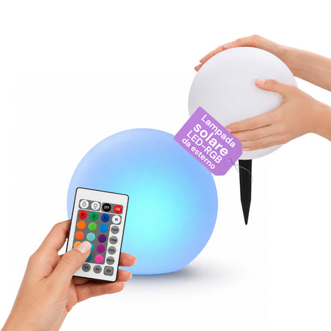 Candeeiro solar de jardim com comando à distância, luzes LED RGB+branco, 8 horas, bateria de iões de lítio, estaca e painel solar integrados
