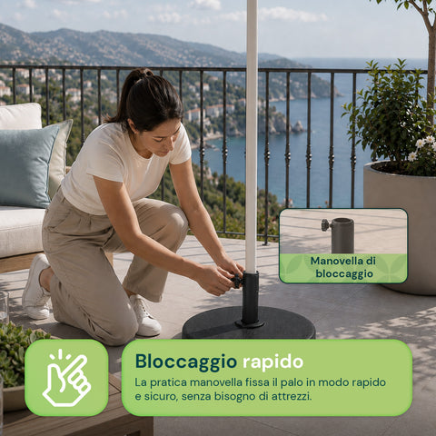 Base Ombrellone in Cemento 12kg ø42cm Compatibile con Pali 38-48mm, Manovella di Bloccaggio Inclusa – Piedistallo Pesante per Giardino e Terrazzo