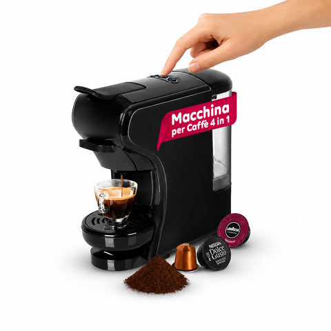 Máquina de café expresso 4 em 1 – cápsulas Nespresso, Dolce Gusto, Modo Mio e café moído, 19 bar, 1450 W, depósito de 0,6 l, desligamento automático