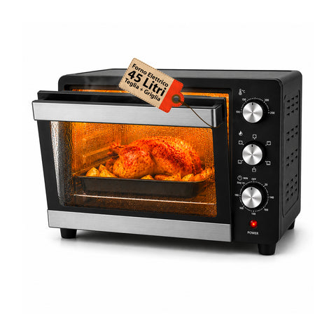 Forno elétrico de bancada ventilado de 45 litros com temporizador e vidro duplo, 1800 W, com acessórios