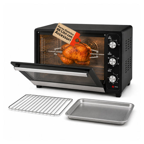 Forno elétrico ventilado de 66 litros, 2200 W, com espeto rotativo e acessórios, 5 modos de cozedura