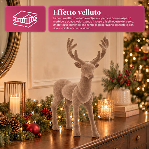 Veado decorativo de 33x44h cm com efeito de veludo, estatueta de rena com design moderno para casa, escritório e montras, decoração de Natal, 6 variantes de cor