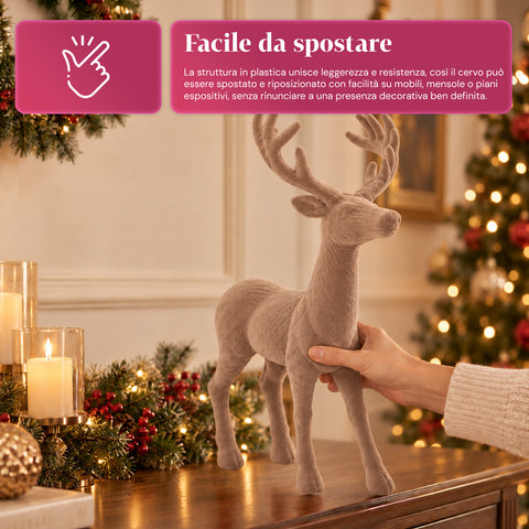 Veado decorativo de 33x44h cm com efeito de veludo, estatueta de rena com design moderno para casa, escritório e montras, decoração de Natal, 6 variantes de cor