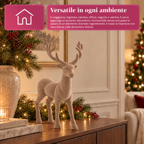 Veado decorativo de 33x44h cm com efeito de veludo, estatueta de rena com design moderno para casa, escritório e montras, decoração de Natal, 6 variantes de cor