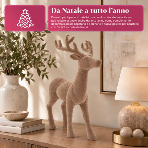 Veado decorativo de 33x44h cm com efeito de veludo, estatueta de rena com design moderno para casa, escritório e montras, decoração de Natal, 6 variantes de cor